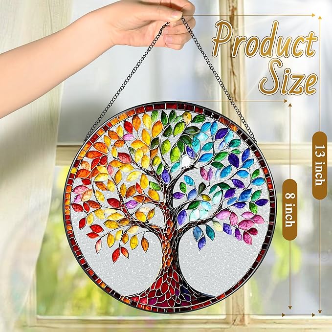 8'' Tree of Life Sun Catcher Ornament, Stained Glass Window Hanging, Suncatchers for Windows Hanging Ornaments, Window Decor | Housewarming Gift, Gifts for Mom & Grandma