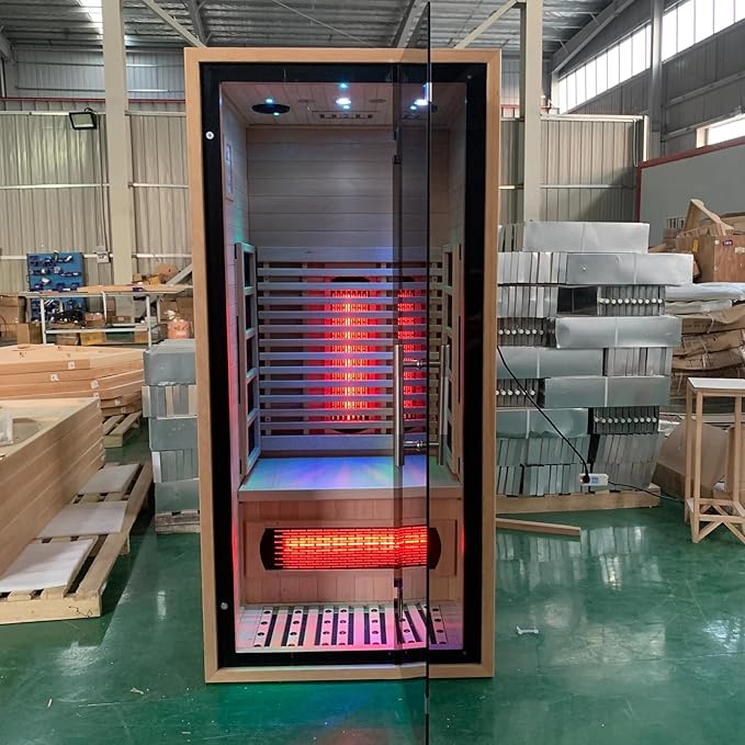 1 People Indoor Infrared Sauna, Low EMF Full Spectrum Red Heater with Carbon Heating Panels, Canadian Hemlock Wood, WiFi Control, 7-Color Starry Light, Reading Lamp, 1350W, 120V