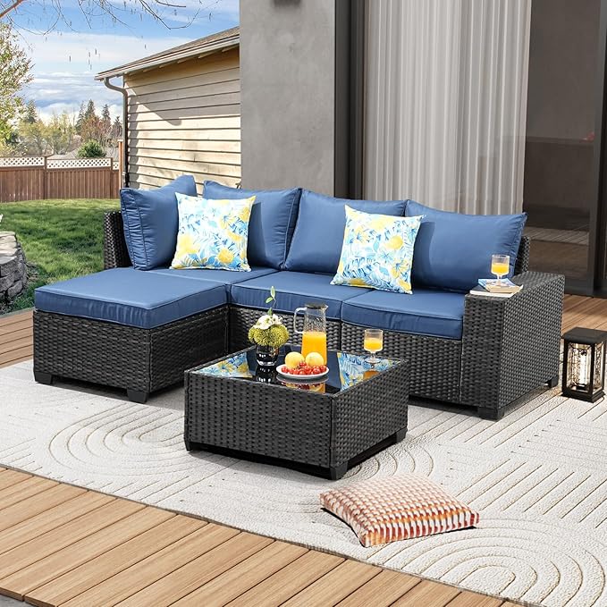 5 Pieces Patio Furniture Set All-Weather Outdoor Wicker Sectional Conversation Sofa Rattan Patio Seating Sofa with Cushion and Glass Table and Ottoman for Porch Poolside,Navy
