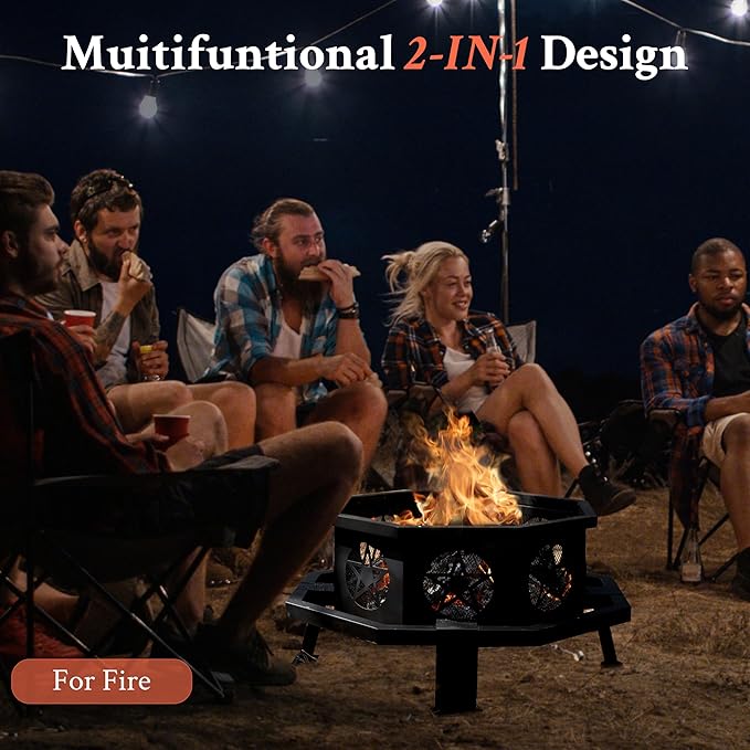 Verdelxue 35 Inch Octagonal Fire Pit with Cooking Grill,Outdoor Wood Burning Fire Pit for Camping Outside Picnic Bonfire,Heavy Duty Firepit for Backyard Garden Patio