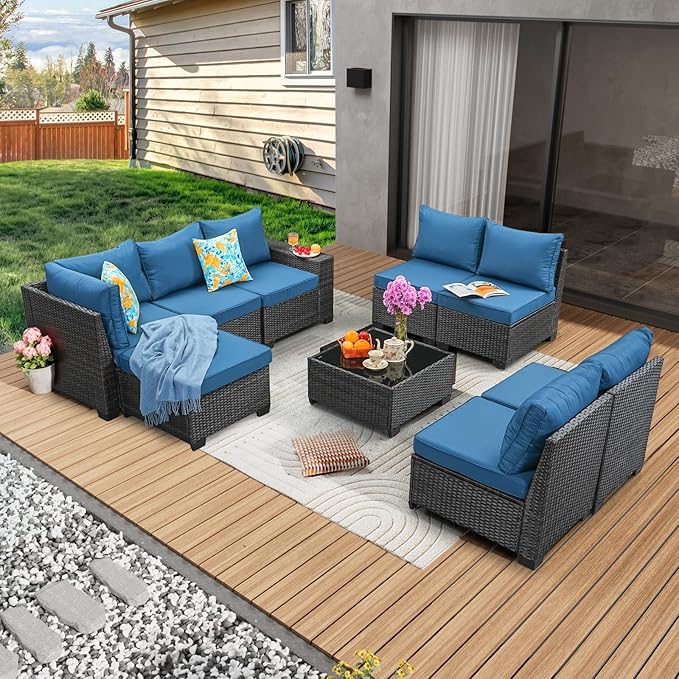 9 Pieces Patio Furniture Set All-Weather Outdoor Wicker Sectional Conversation Sofa Rattan Patio Seating Sofa with Cushion and Glass Table for Porch Poolside,Peacock Blue