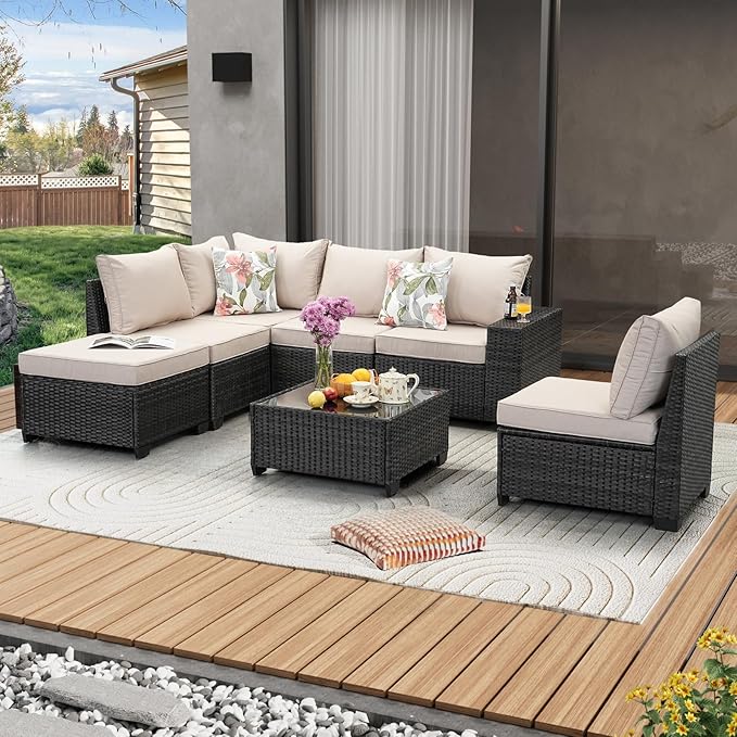 7 Pieces Patio Furniture Set All-Weather Outdoor Wicker Sectional Conversation Sofa Rattan Patio Seating Sofa with Cushion and Glass Table and Ottoman for Porch Poolside,Beige