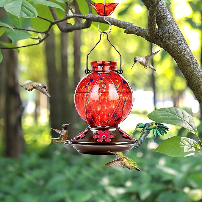 Hummingbird Feeder, BOLITE Glass Hummingbird Feeders for Outdoors Hanging, 20 Ounces, Leak Proof, Meshy Texture Ball Shape Bottle, Red, Birthday Gifts for Women Men, Gifts for Mom Dad