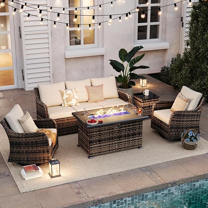 MEISSALIVVE 5 Pieces Patio Furniture Set with 43" Fire Pit Table, Wicker Patio Conversation Set with Swivel Rocking Chairs, Outdoor Patio Set for Lawn Backyard Porch (Brown)