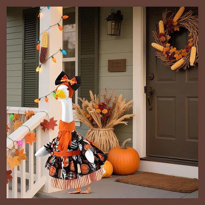 Thanksgiving Gingham Pumpkins Porch Goose Outfits for 23 Inch Lawn Statue, Fall Costume for Plastic/Cement Statue, Harvest Autumn Duck Sculpture Clothes for Yard Patio Party Decoration