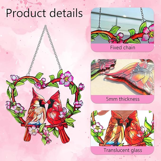 Stained Glass Window Hanging Cardinal Suncatcher,velaboll 10 inch Cardinal Decor for Home Decor, Garden, Patio, Gift for Nature and Bird Lovers