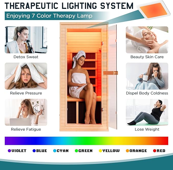 Albott Infrared Sauna 1 Person, Infrared Saunas for Home, 930W/110V Hemlock Wood Dry Sauna with Tourmaline Stone Foot Warmer, 7-Color Light Therapy & 2 Bluetooth Speakers, 27.2"x32.3"x61"