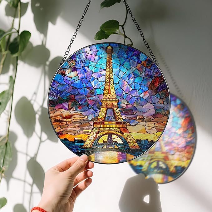 Eiffel Tower Sun Catcher, 8 Inch Stained Glass Suncatcher, Stained Glass Window Hanging, Eiffel Tower Indoor Decor, Idea Gift, Gift Exchange