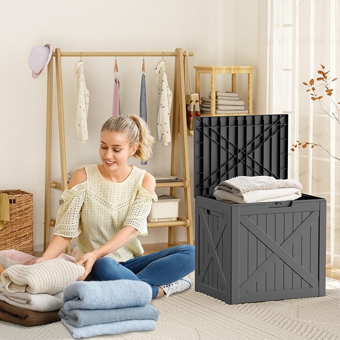 ROJIK Outdoor Storage Housing Deck Box - Waterproof Patio Furniture, Garden Tools, Cushions, Pool Accessories Storage Bench with Lockable Lid and Side Handles (Black 38 Gal)