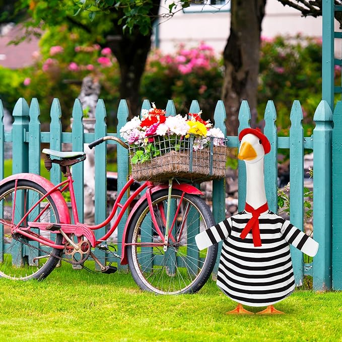 French Look Porch Goose Outfit Set for Cement Lawn Artist Hat Beret Red Scarf Black White Striped for Outdoor