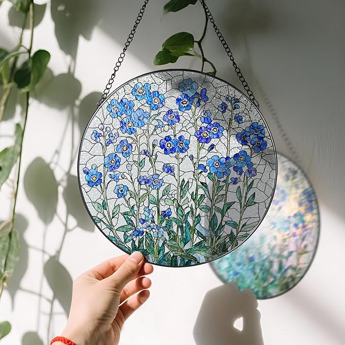 8 Inch Stained Glass Window Hanging, Forget Me Not Flower Stained Glass Suncatcher, Window Decor, Plant Lover Gift for Women, Forget Me Not Gifts for Couples, Best Friend, Family, Colleague, Classmate