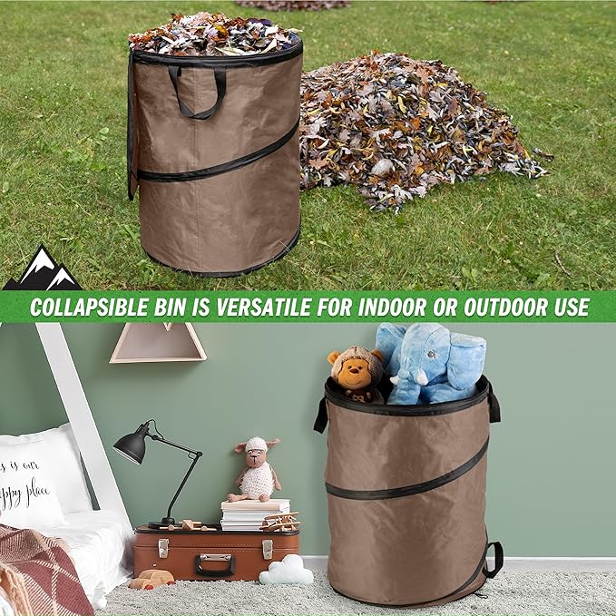Wakeman Outdoor Trash Can - 46-Gallon Collapsible Garbage Can with 3 Stakes - Pop Up Trash Can for Camping, Storage, or Yard Waste Outdoors (Beige)