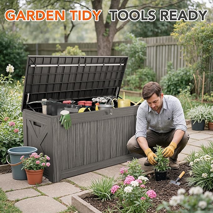 130 Gallon Deck Box Outdoor Indoor Waterproof Storage Box for Patio Furniture, Pool Accessories, Garden Tools, and Cushion Storage, Coffee