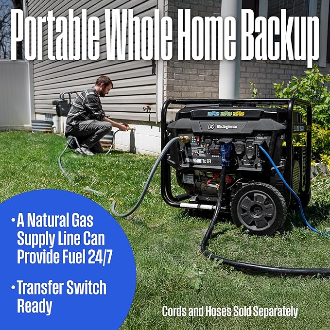 Westinghouse 12500 Peak Watt EFI Tri-Fuel Home Backup Portable Generator, Remote Electric Start, Transfer Switch Ready, Gas, Propane, and Natural Gas Powered, CARB Compliant