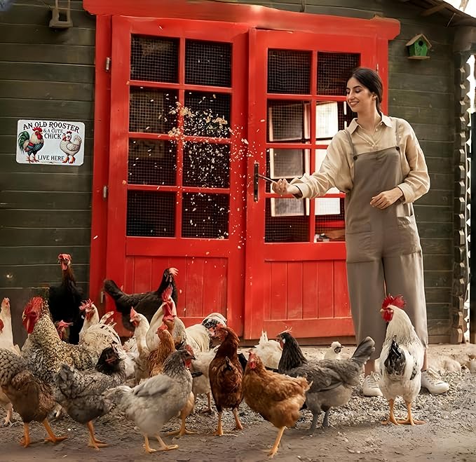 Funny Gifts for Women Chicken Lovers Farm Enthusiasts An Old Rooster And A Cute Chick Live Here Chicken Tin Sign for Chicken Coop Farm Kitchen Garden Yard Decor 8 X 12 Inch (3821)