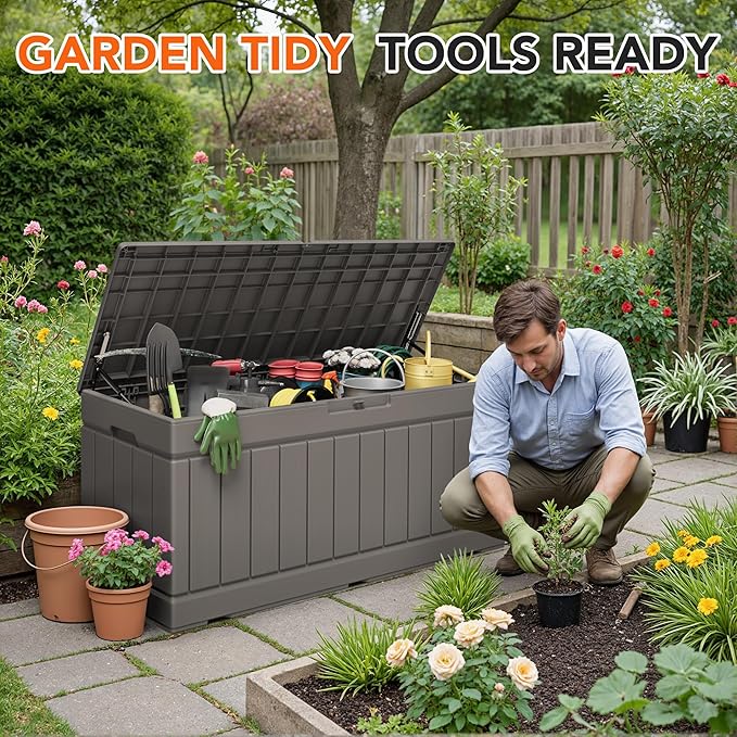 78 Gallon Deck Box Outdoor Indoor Waterproof Storage Box for Patio Furniture, Pool Accessories, Garden Tools, and Cushion Storage, Coffee