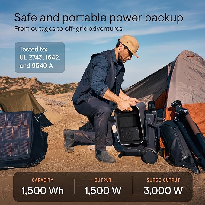 Enphase IQ PowerPack 1500 Portable Power Station, 1500 W LFP Battery, 75-Min Fast AC Recharge, UL-Certified Solar Generator for Home Backup, Camping, RV, Emergency, 4G, Wi-Fi, Power Outage Essentials