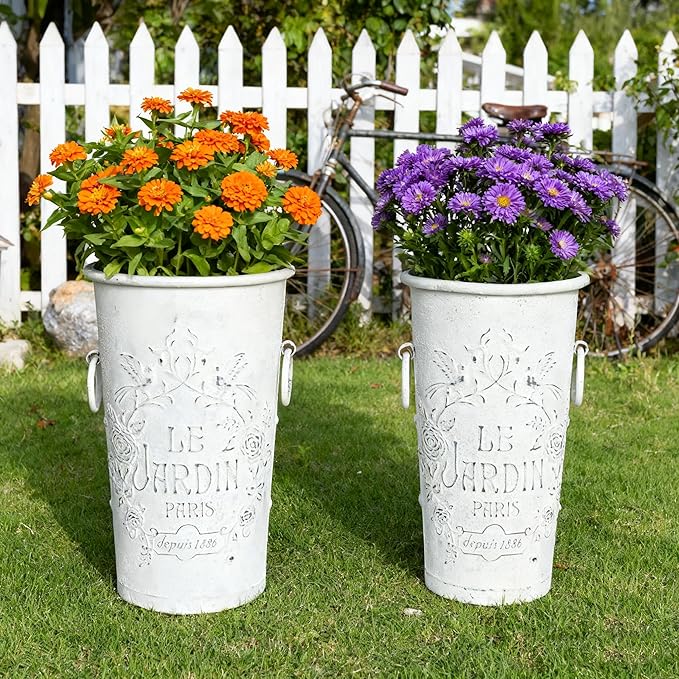Set of 2 Distressed White Metal Flower Pots - Le Jardin Paris 14" Vintage Planters, Decorative Round Plants Buckets for Indoor/Outdoor Garden Patio Decor