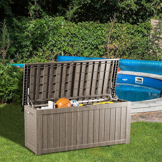TARKARI 200 Gallon Lockable Resin Deck Box, Waterproof & UV-Resistant Outdoor Storage Box for Outdoor Cushion Storage, Garden Tools & Pool Accessories Storage, Gray