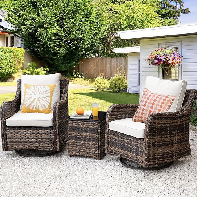 MEISSALIVVE 3 Pieces Patio Furniture Set with Swivel Chair, Outdoor Swivel Rocker with Washable Cushions & Tempered Glass Tabletop, Outdoor Rattan Conversation Set for Lawn Backyard Porch (Brown)