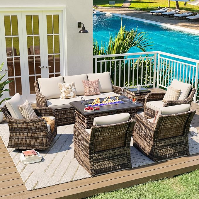 MEISSALIVVE 7 Pieces Patio Furniture Set with 43" Fire Pit Table, Wicker Patio Conversation Set with Swivel Rocking Chairs, Outdoor Patio Set for Lawn Backyard Porch (Brown)