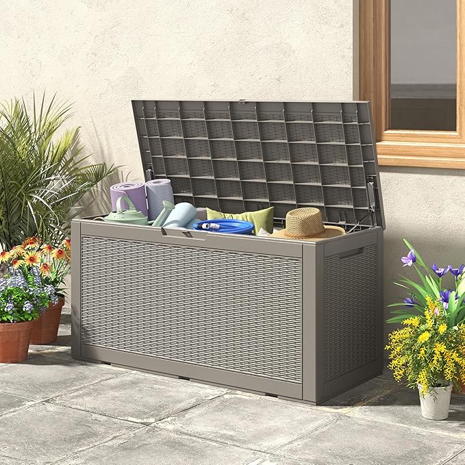 100 Gallon Deck Box Large Outdoor Storage Boxfor Patio Furniture,Outdoor Cushions, Garden Tools, Sports Equipment and Pool Supplies, Waterproof, Resin, Lockable