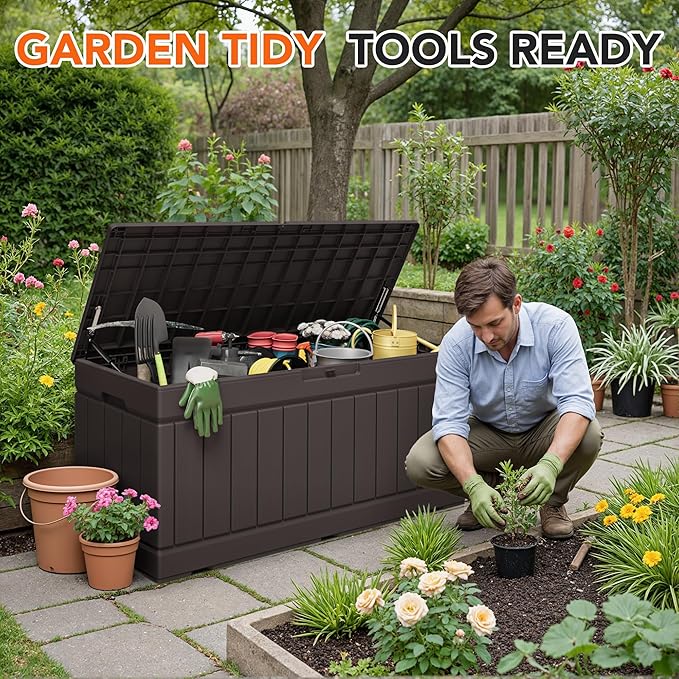 78 Gallon Deck Box Outdoor Indoor Waterproof Storage Box for Patio Furniture, Pool Accessories, Garden Tools, and Cushion Storage, Brown