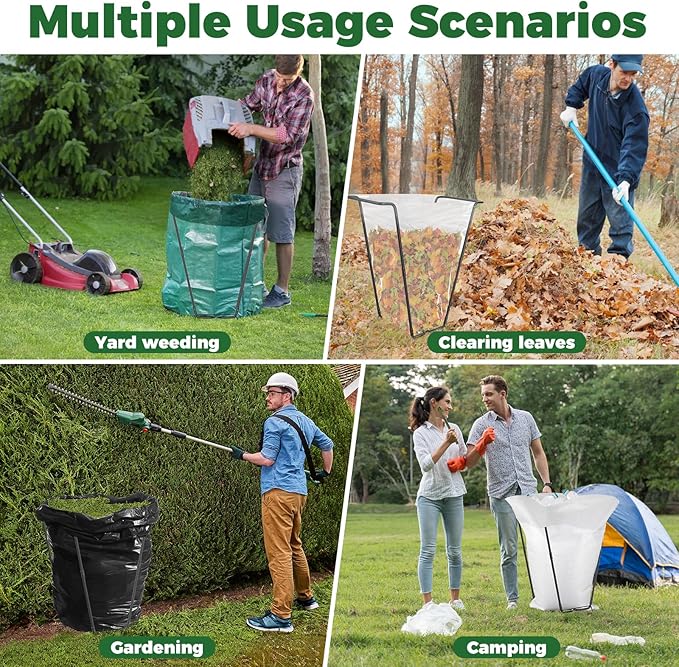 Outdoor Trash Bag Holder Metal Garden Trash Bag Holder for Yard Waste Stand Holds 30-45 Gallons Leaf Bag Holder with 4 Clips for Leaves Camping Lawn Party Weeding Yard Gardening（1pcs+4clips）