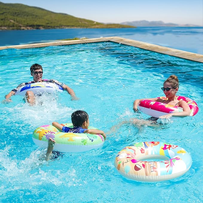Parentswell 6PCS Big Pool Floats Tubes: Inflatable Pool Floats Swimming Rings with Beach Balls - Brightly Colored Pool Floaties Party Toys, Pool Toys for Kids Adults