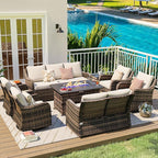 MEISSALIVVE Outdoor Patio Furniture Set with 43" Fire Pit Table, 9 Pieces Wicker Patio Conversation Set with Swivel Chairs, Outdoor Patio Set for Lawn Backyard Porch (Brown)