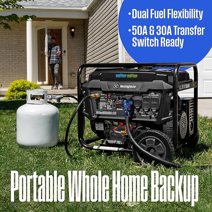 Westinghouse 12500 Peak Watt EFI Dual Fuel Home Backup Portable Generator, Remote Electric Start, Transfer Switch Ready, Gas and Propane Powered, CO Sensor, CARB Compliant