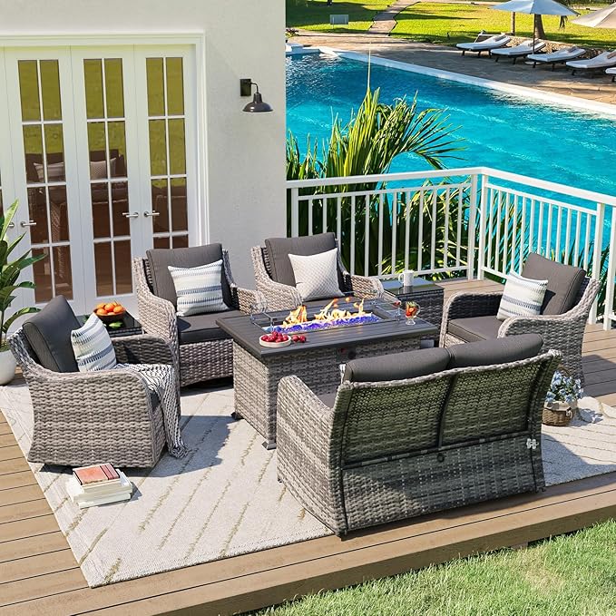 MEISSALIVVE 8 Pieces Patio Furniture Set with 43" Fire Pit Table, Wicker Patio Conversation Set with Swivel Rocking Chairs, Outdoor Patio Set for Lawn Backyard Porch (Grey)