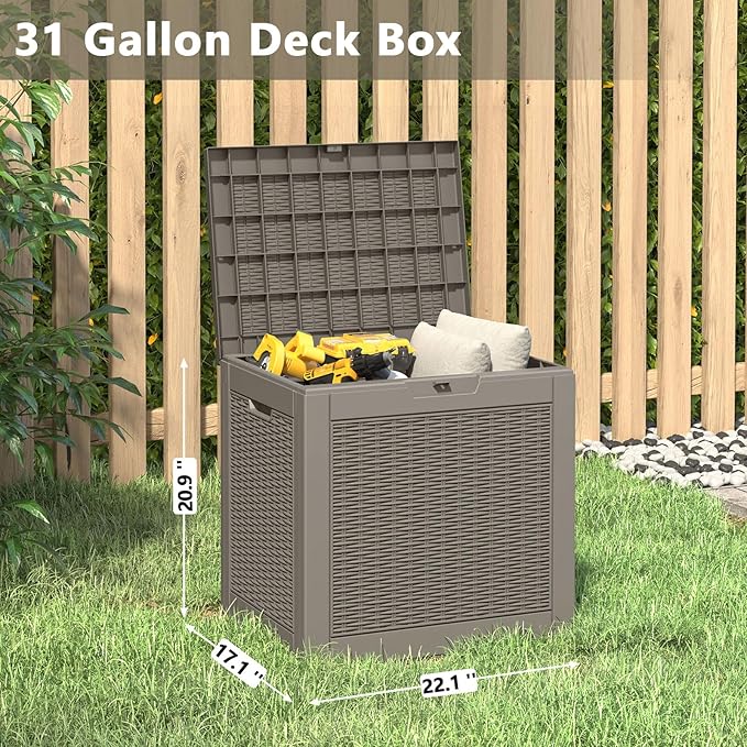 31 Gallon Storage Box, Resin Outdoor Waterproof and UV Resistant,Lightweight Box for Garden Tools, Pool Supplies