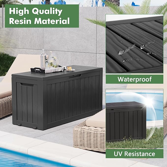 80 Gallon Deck Box Large Outdoor Storage Boxfor Patio Furniture,Outdoor Cushions, Garden Tools, Sports Equipment and Pool Supplies, Waterproof, Resin, Lockable