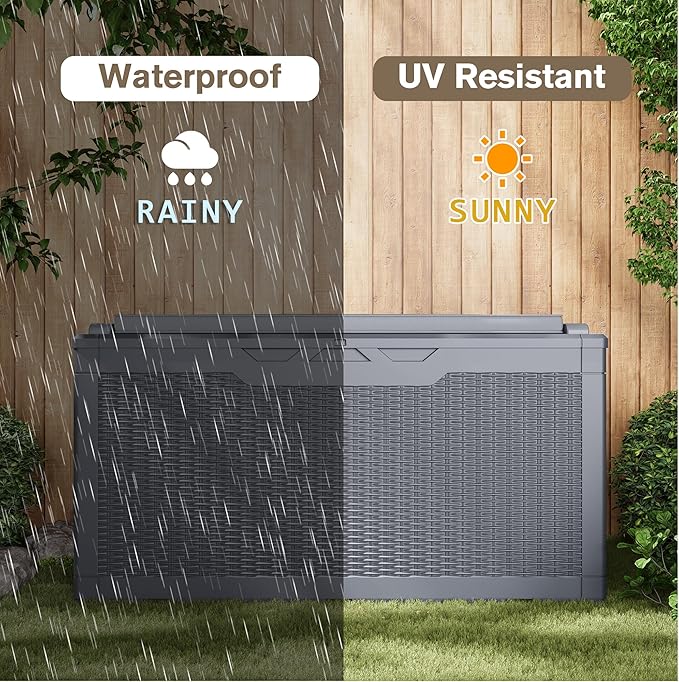 JUMMICO 100 Gallon Resin Deck Box with Cushion, Waterproof Outdoor Storage Box with Lockable Lid for Garden Tools, Patio Cushions (Gray)