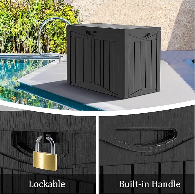 TARKARI 50 Gallon Lockable Resin Deck Box, Waterproof & UV-Resistant Outdoor Storage Box for Outdoor Cushion Storage, Garden Tools & Pool Accessories Storage, Black