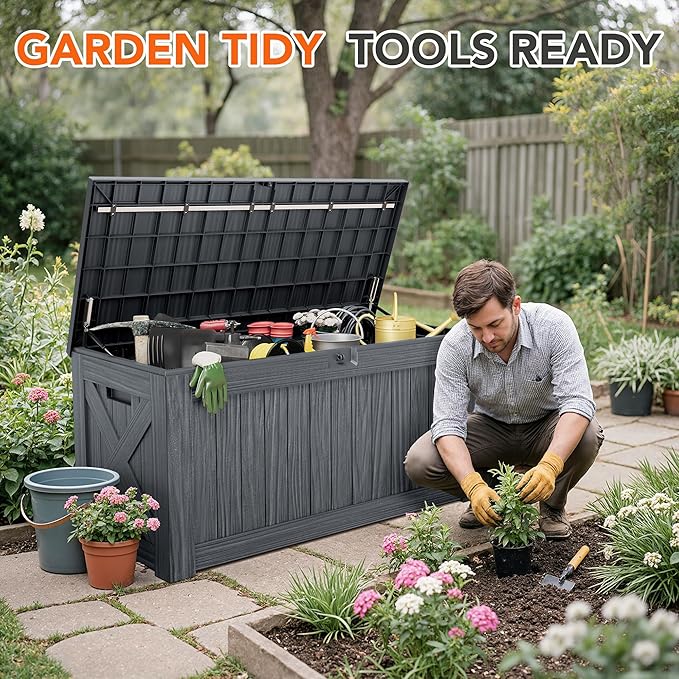 130 Gallon Deck Box Outdoor Indoor Waterproof Storage Box for Patio Furniture, Pool Accessories, Garden Tools, and Cushion Storage, Gray