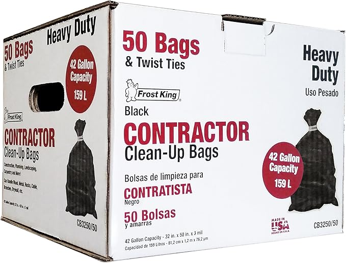 Frost King CB3250/50 Boxed Heavy Duty Contractor Clean, 32" x 50" x 3 mil, 32x50x3 Inch (Pack of 50), 50 Bags, Black