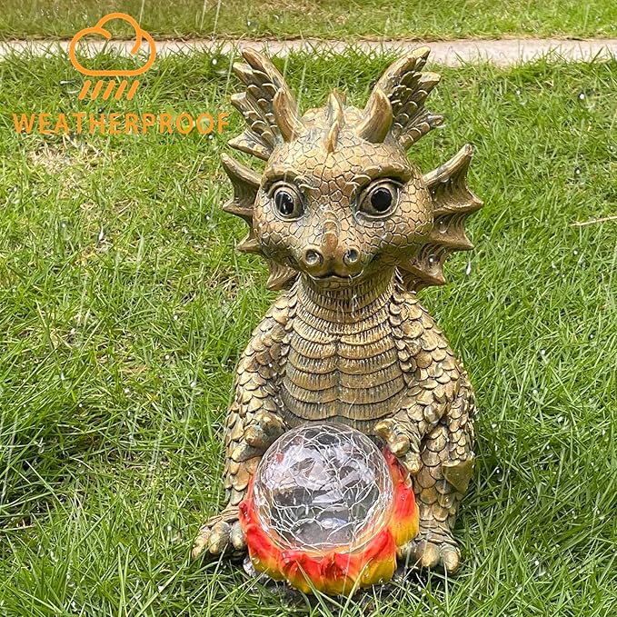 Solar Garden Statue Dragon Figurine with 7-Color Changing Solar Crackle Globe Lights- Loving Dragon for Patio,Balcony,Yard, Lawn-Unique Idea Gifts (Gray)