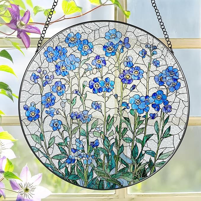 8 Inch Stained Glass Window Hanging, Forget Me Not Flower Stained Glass Suncatcher, Window Decor, Plant Lover Gift for Women, Forget Me Not Gifts for Couples, Best Friend, Family, Colleague, Classmate
