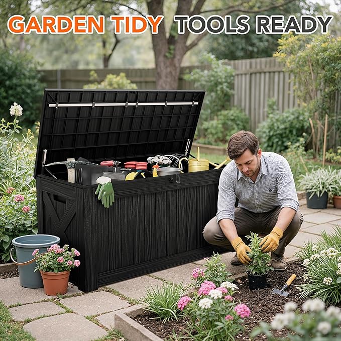 130 Gallon Deck Box Outdoor Indoor Waterproof Storage Box for Patio Furniture, Pool Accessories, Garden Tools, and Cushion Storage, Black