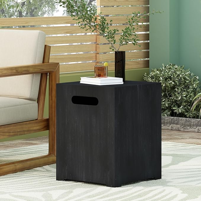 Propane Tank Cover Table for Fire Pits, 20 LB Iron Propane Tank Holder with Side Handles, Outdoor Tank Storage Side Table for Patio, Gas Griddle, Black+Silver