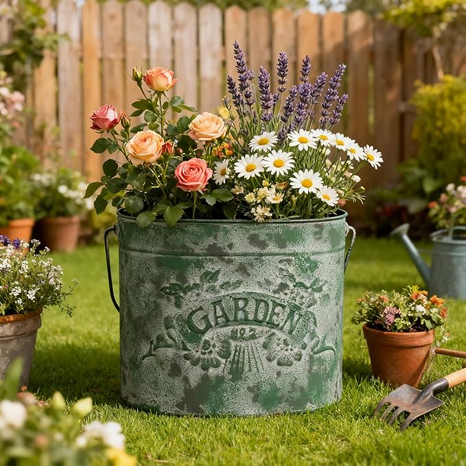 Vintage Distressed Green Metal Planter Pot with Handles, Garden No.2 Embossed Design, Rustic Farmhouse Flower Bucket for Indoor Outdoor Gardening, Succulents, Herbs, Home Decor