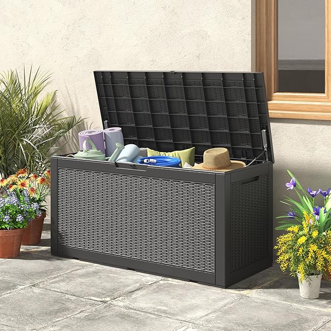100 Gallon Deck Box Large Outdoor Storage Boxfor Patio Furniture,Outdoor Cushions, Garden Tools, Sports Equipment and Pool Supplies, Waterproof, Resin, Lockable