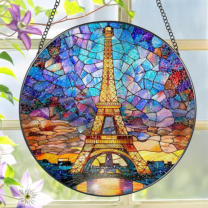 Eiffel Tower Sun Catcher, 8 Inch Stained Glass Suncatcher, Stained Glass Window Hanging, Eiffel Tower Indoor Decor, Idea Gift, Gift Exchange