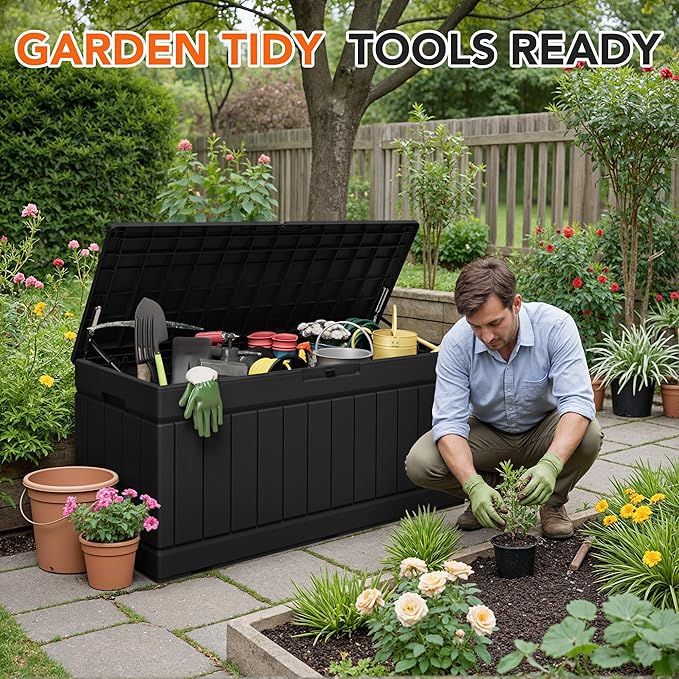 78 Gallon Deck Box Outdoor Indoor Waterproof Storage Box for Patio Furniture, Pool Accessories, Garden Tools, and Cushion Storage, Black