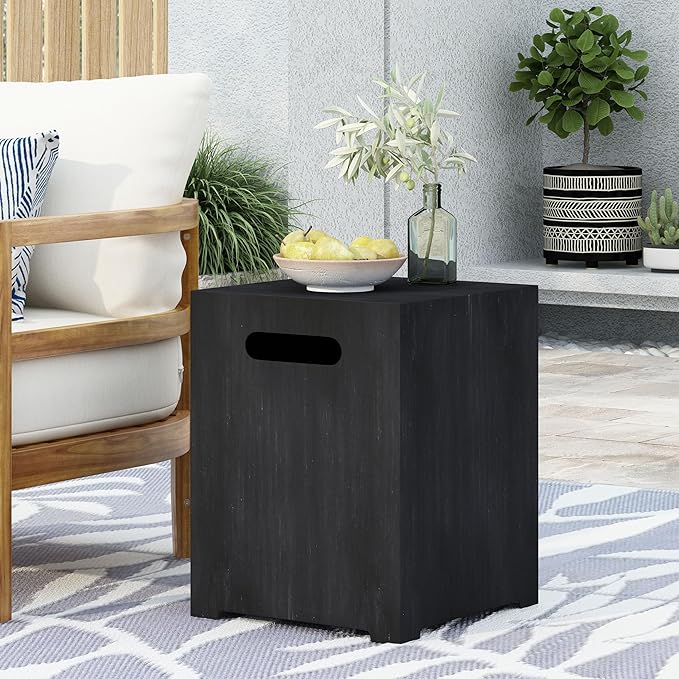 Propane Tank Cover Table for Fire Pits, 20 LB Iron Propane Tank Holder with Side Handles, Outdoor Tank Storage Side Table for Patio, Gas Griddle, Black+Silver