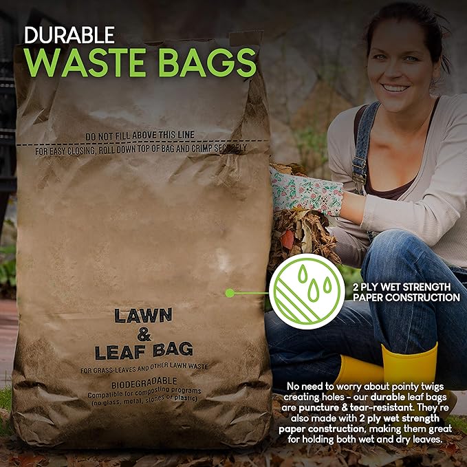 30 Gallon Kraft Lawn and Leaf Bags (10 Pack) Eco-Friendly Heavy Duty Large Paper Trash Bags, Made in the USA Tear Resistant Yard Waste Bags for Grass Clippings, Wet and Dry Leaves, Weeds, Twigs