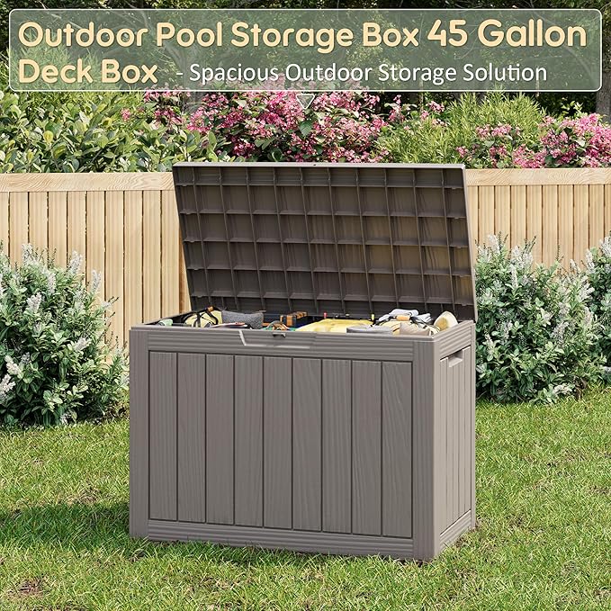 NUNU LAB Outdoor Storage Box, 45 Gallon Outside Deck Box Waterproof, Gray