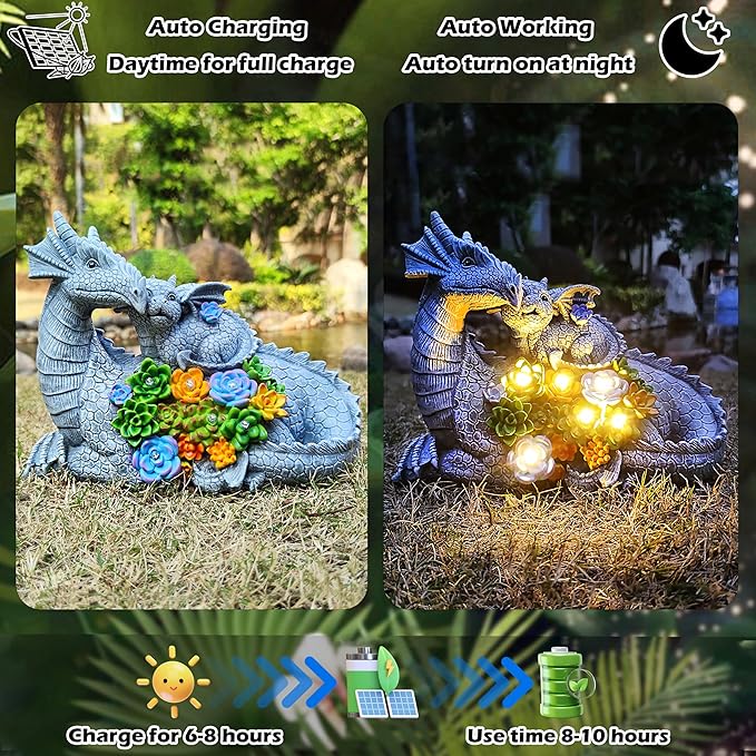 Solar Dragon Statue with LED Lights, Dargon Lover Gifts with Succulent and 6 LED Lights for Outdoor,Solar Dragon Decor for Yard, Garden and Patio, Unique Garden Statue for Mom Grandma